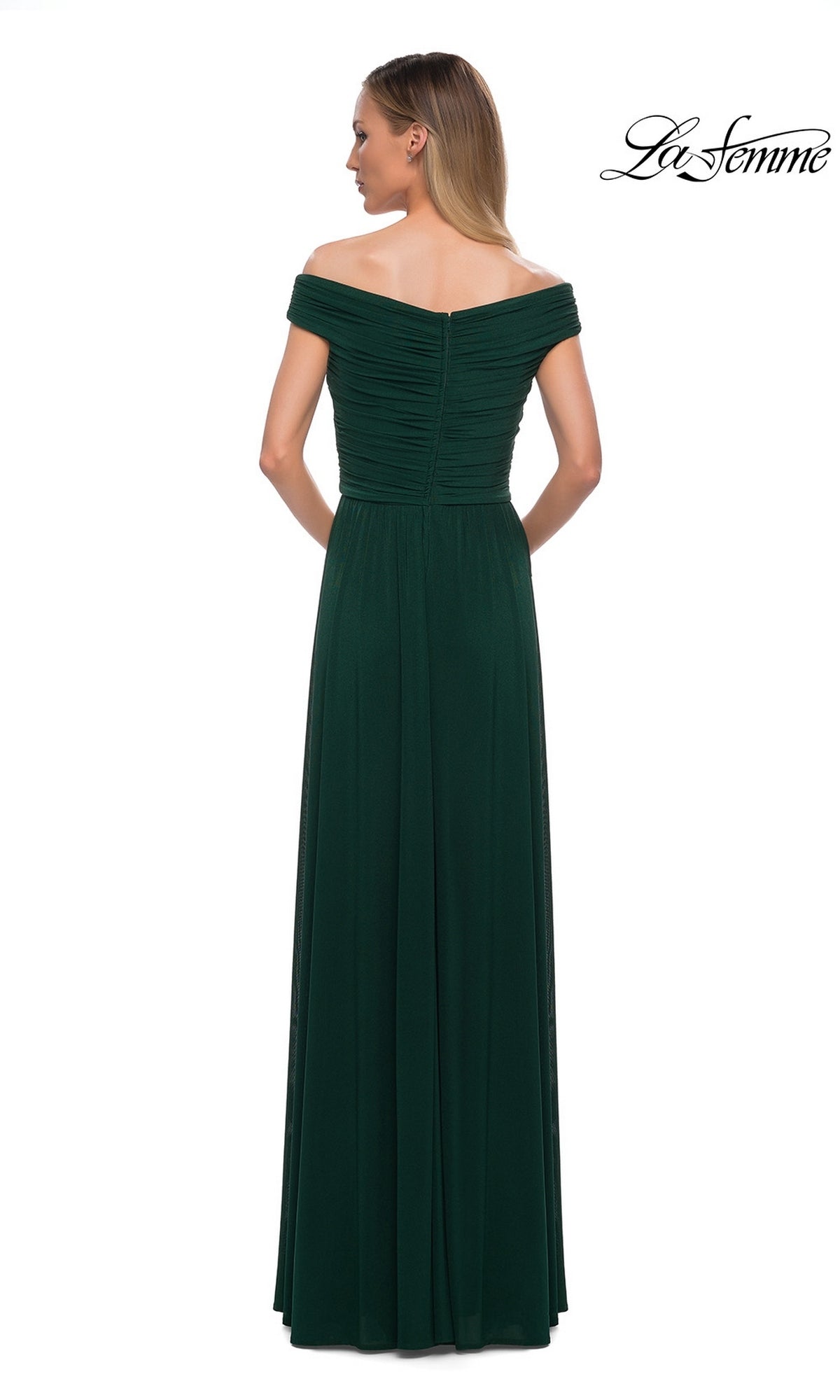 A woman stands with her back to the camera in an off-the-shoulder, A-line dark green Long Formal Dress: La Femme 29168; logo appears top right.